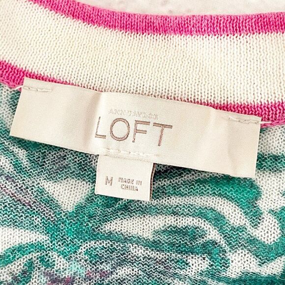 LOFT Green Pink Paisley Ramie V Neck Button Front Sheer Long Sleeve Cardigan M - Picture 11 of 12